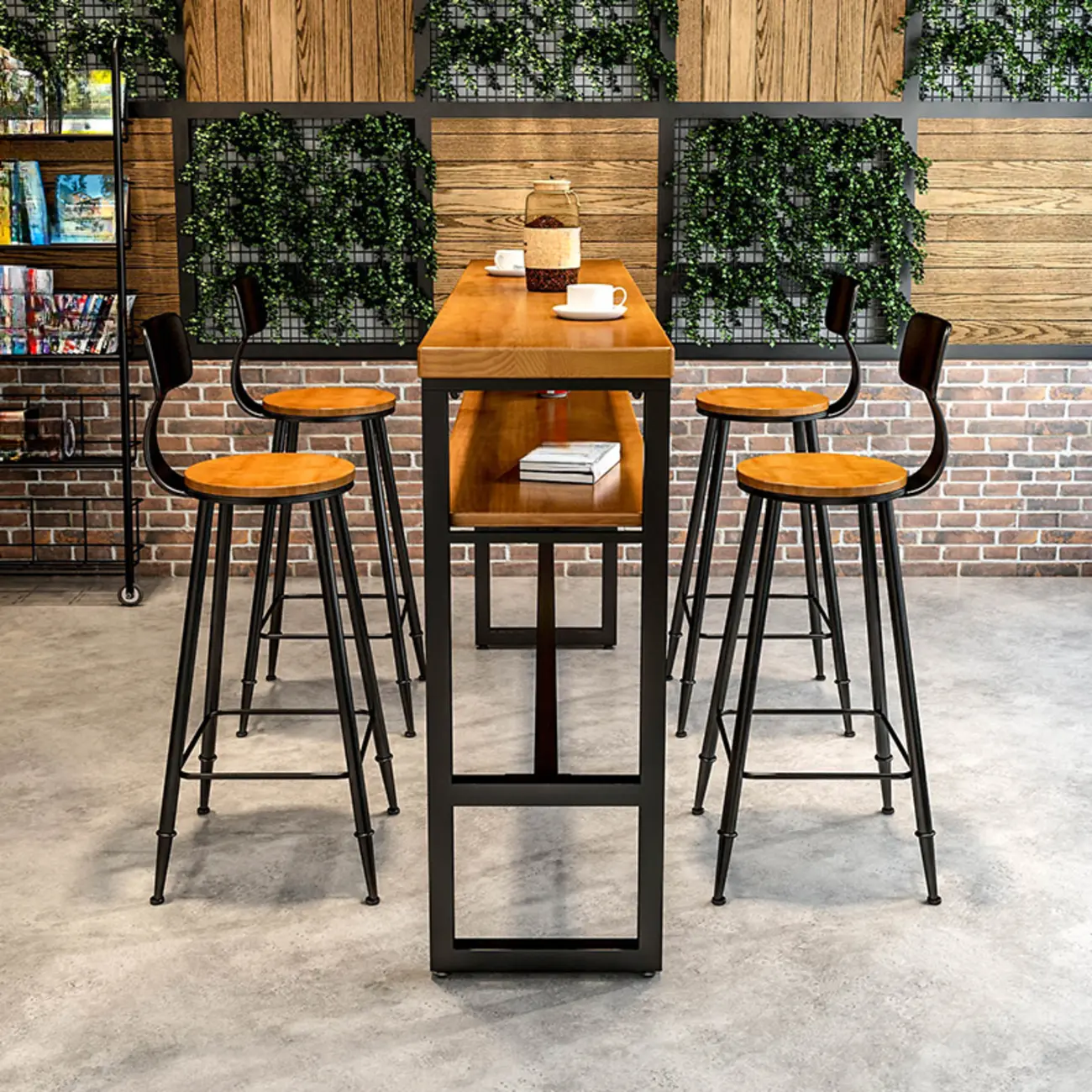 Modern Brown Wooden Metal Sled Shelf Bar Tables with Footrest Image - 3 | homeyfad