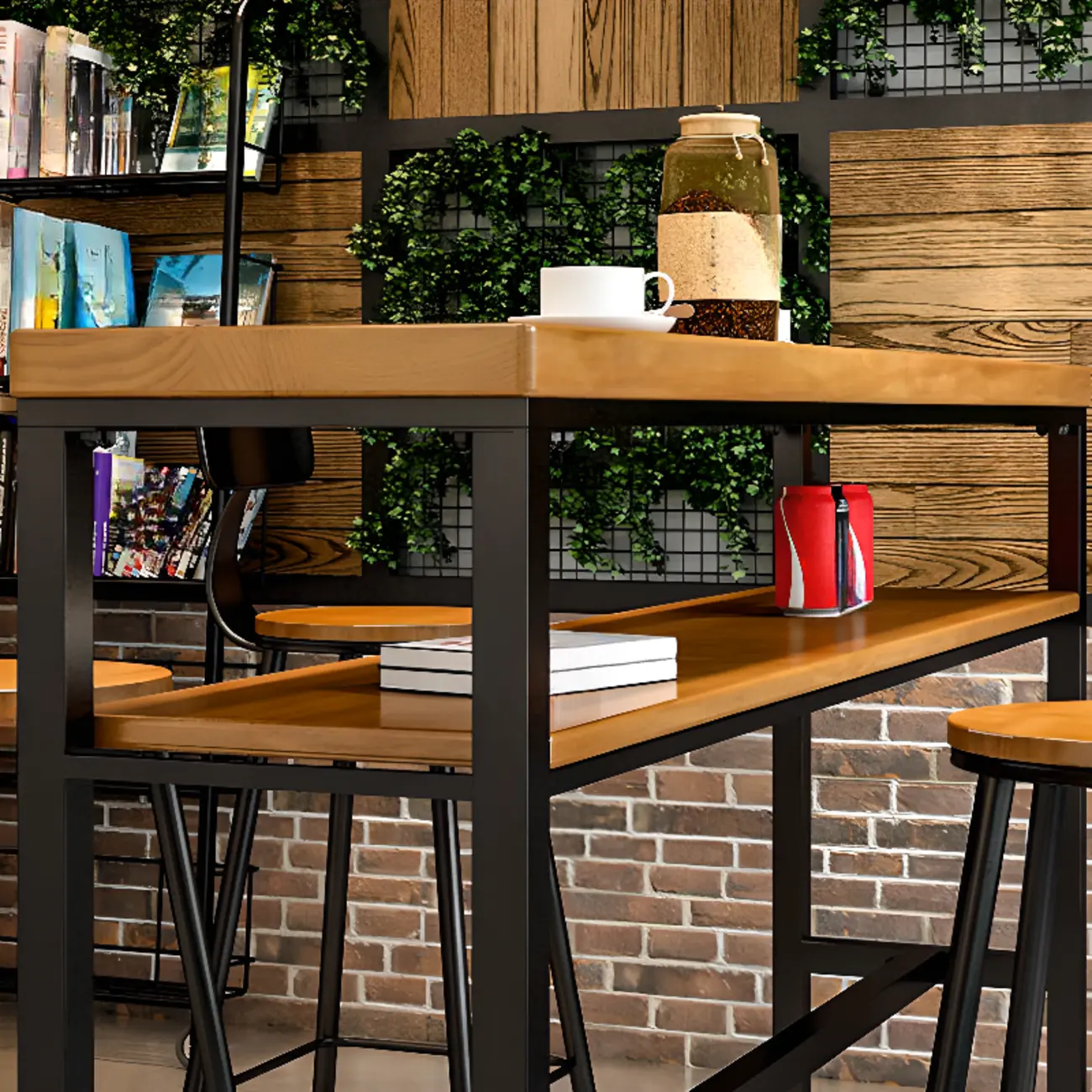 Modern Brown Wooden Metal Sled Shelf Bar Tables with Footrest Image - 7 | homeyfad