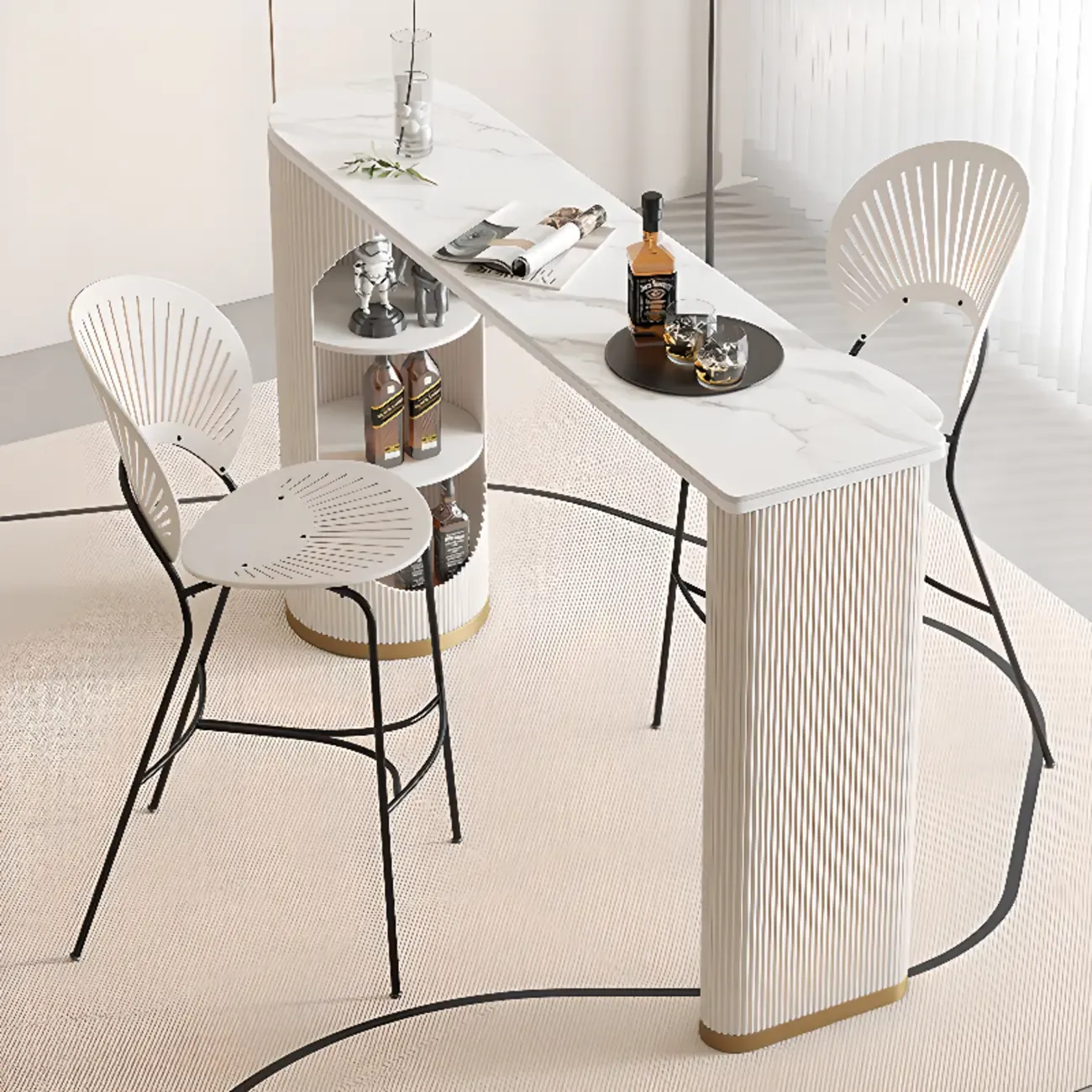Modern White Stone Ribbed Iron 3-Layer Storage Bar Tables Image - 1