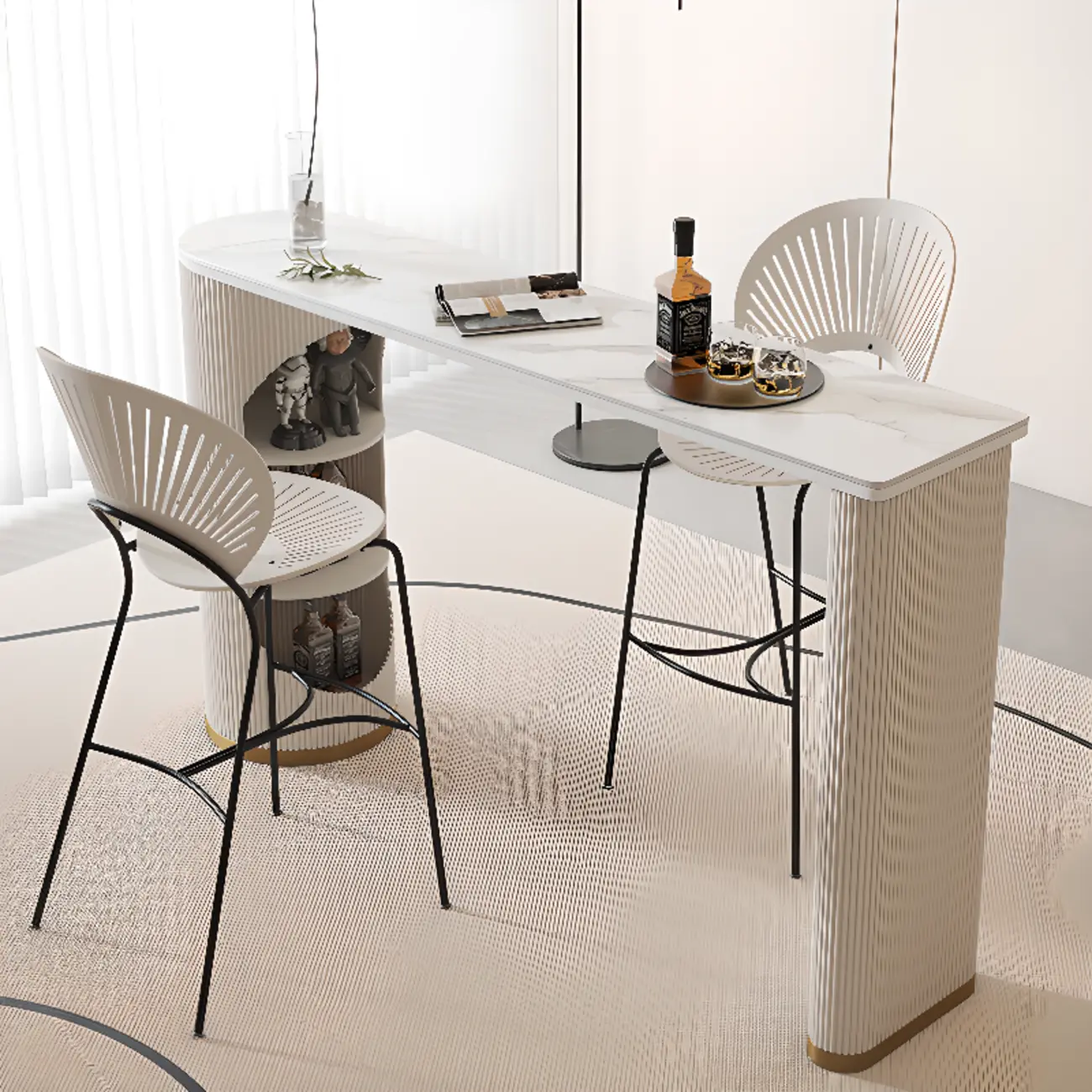 Modern White Stone Ribbed Iron 3-Layer Storage Bar Tables Image - 3 | homeyfad