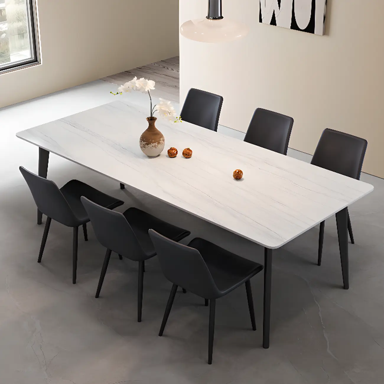Modern White Rectangular Stone Black Metal Legs Dining Table Image - 1 | homeyfad