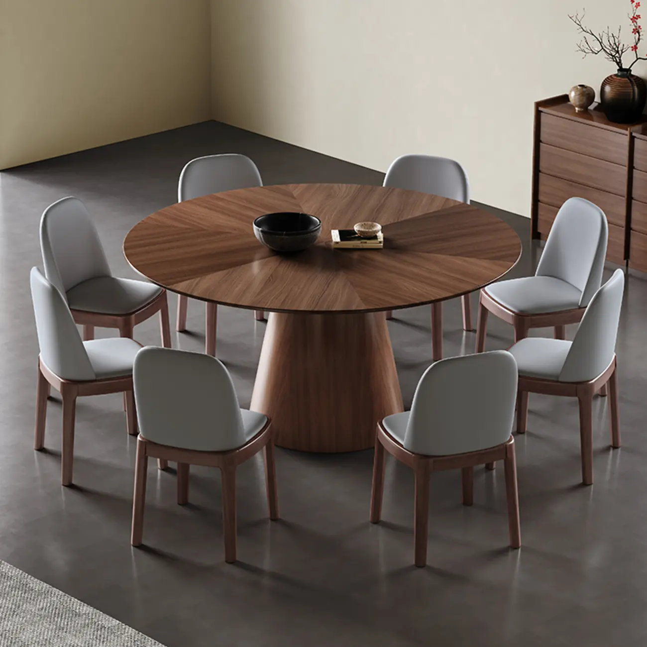 Modern Simple Round Walnut-Brown Wood Dining Table Image - 2 | homeyfad
