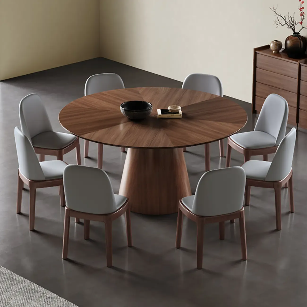 Modern Simple Round Walnut-Brown Wood Dining Table Image - 2
