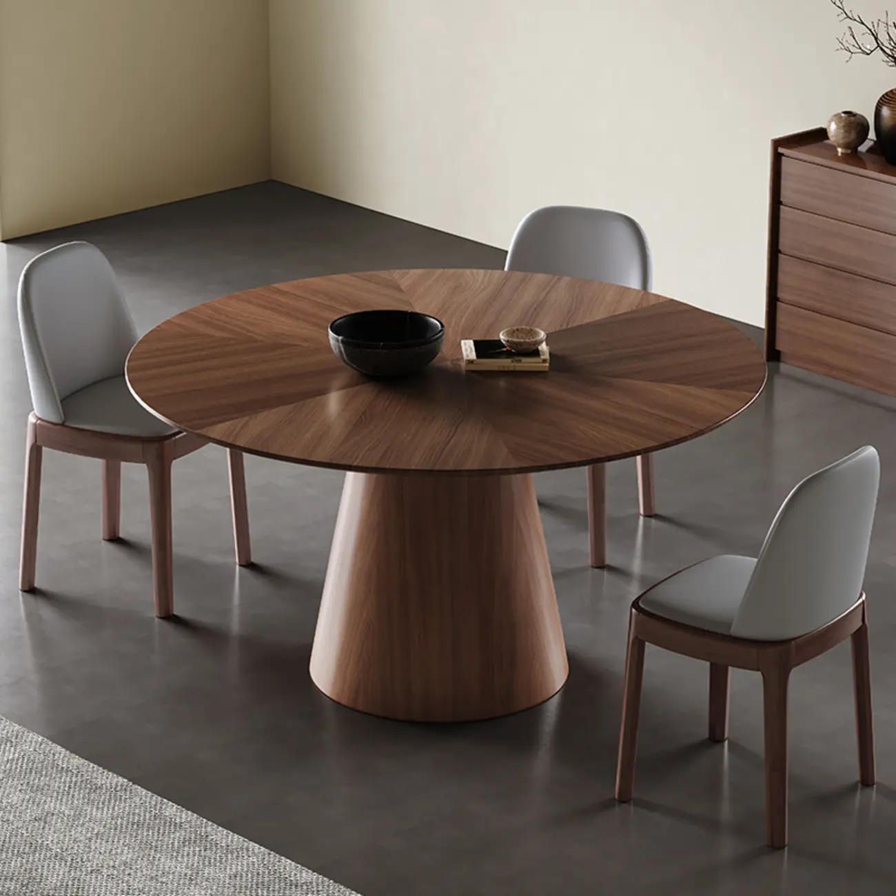 Modern Simple Round Walnut-Brown Wood Dining Table Image - 3 | homeyfad