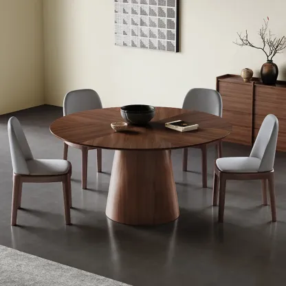 Modern Simple Round Walnut-Brown Wood Dining Table Image - 4