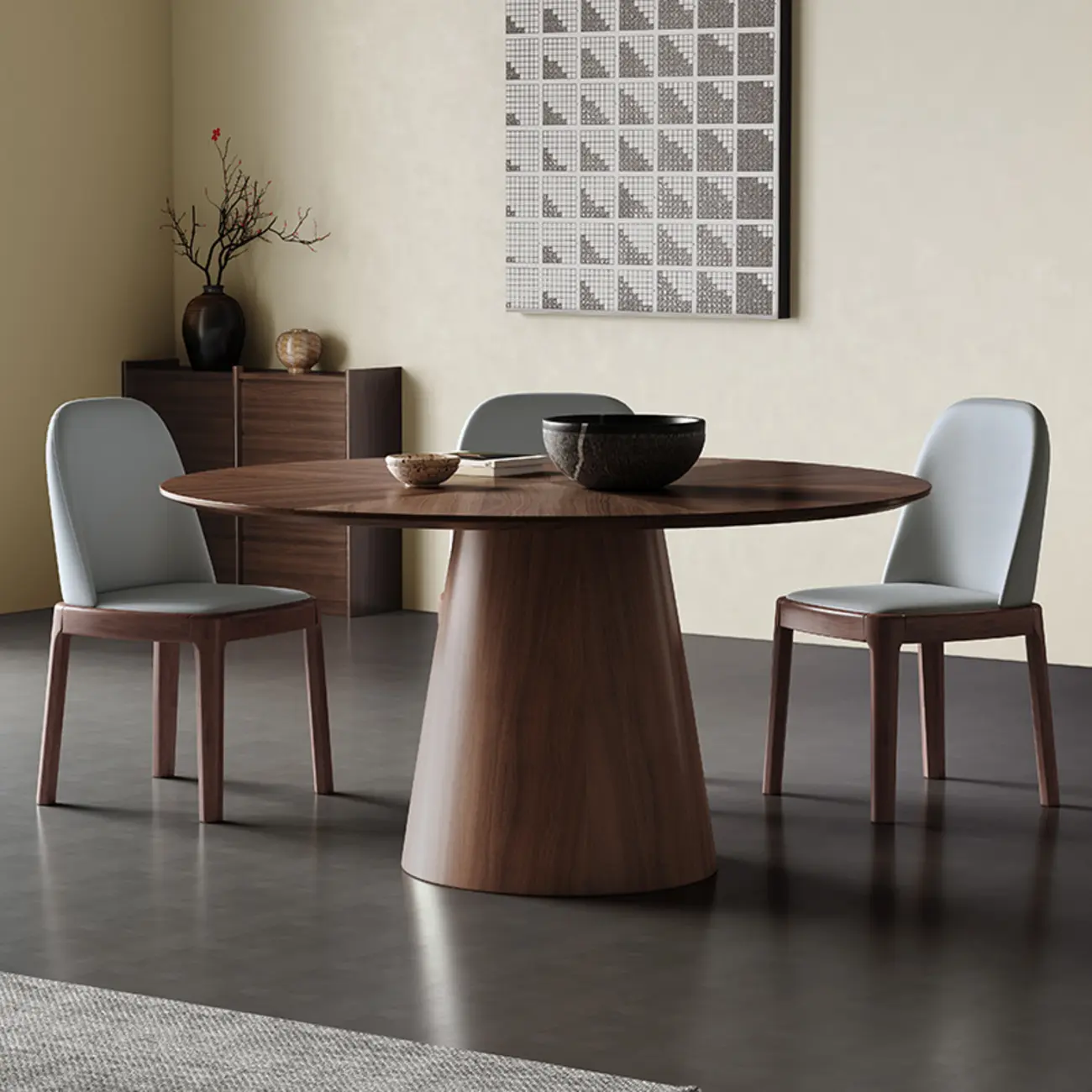 Modern Simple Round Walnut-Brown Wood Dining Table Image - 5 | homeyfad