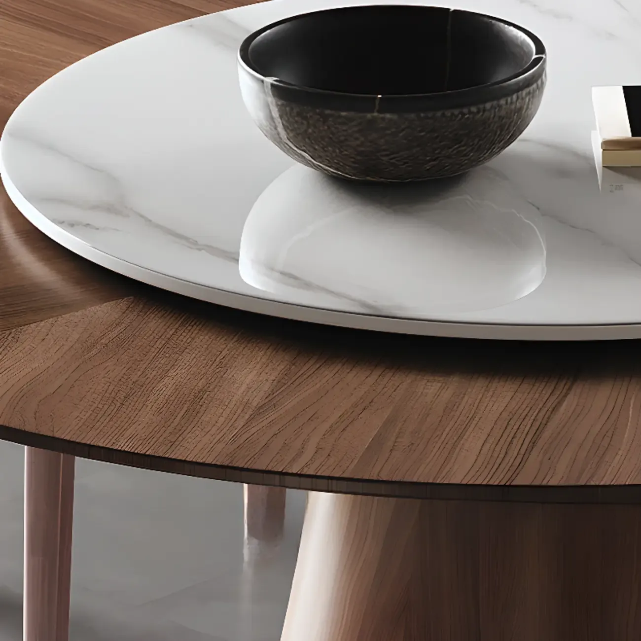 Modern Simple Round Walnut-Brown Wood Dining Table Image - 7
