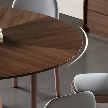 Modern Simple Round Walnut-Brown Wood Dining Table Image - 8