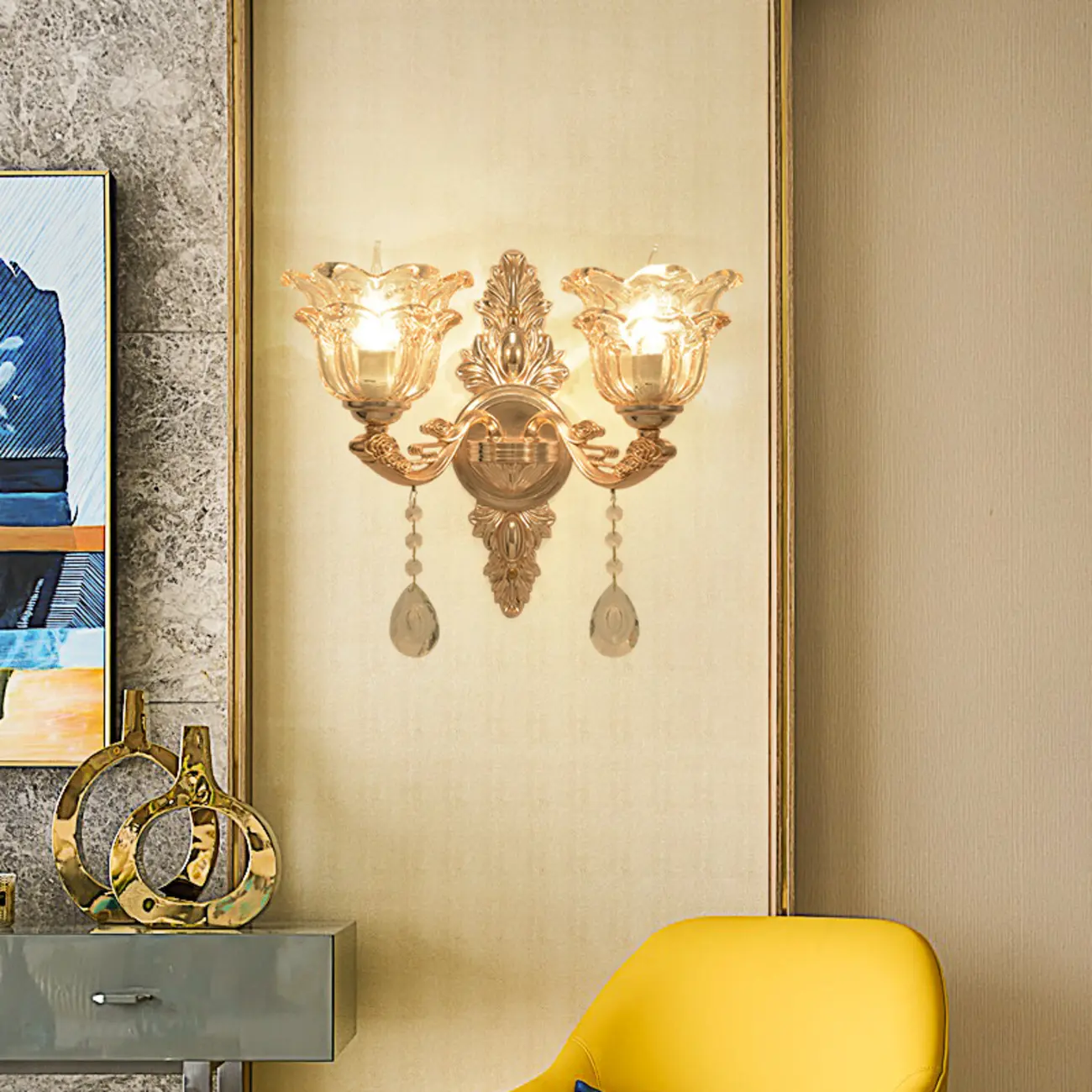 Mini Antique Gold Wall Sconce with Geometric Crystal Shade | homeyfad