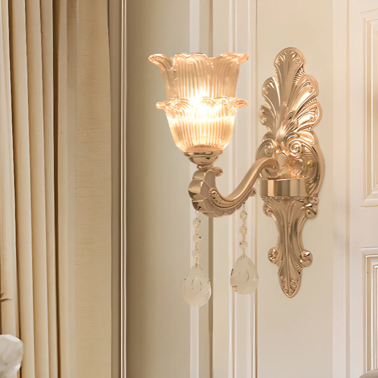 Mini Antique Gold Wall Sconce with Geometric Crystal Shade | homeyfad