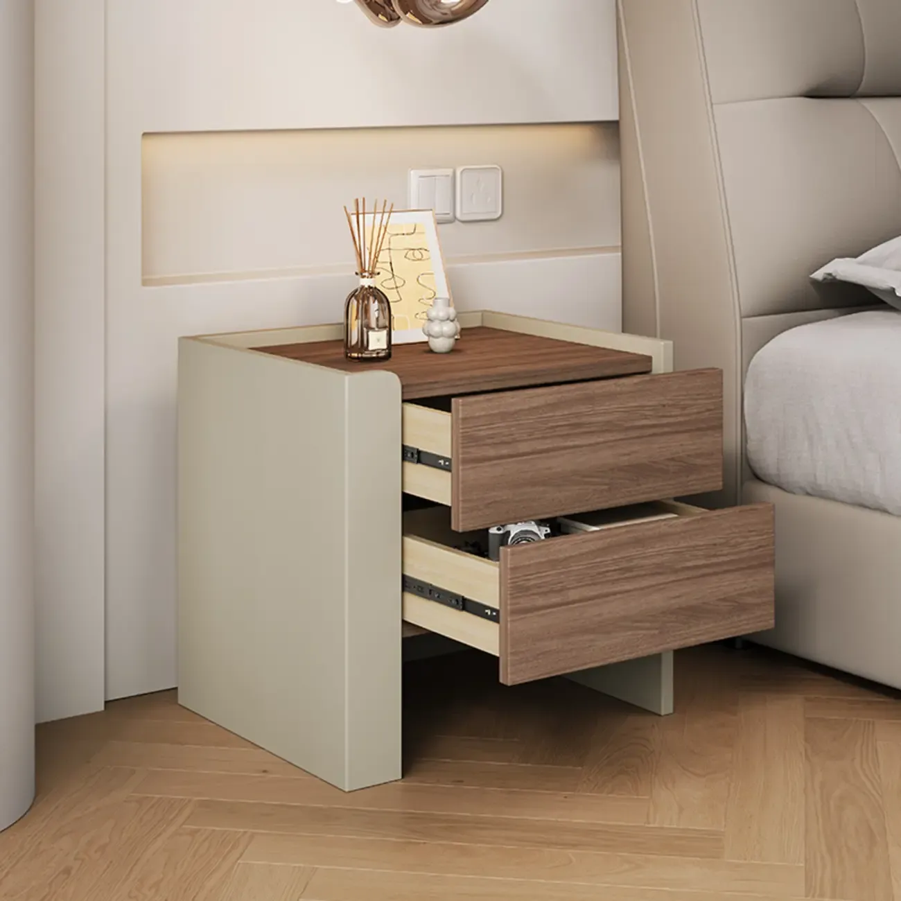 Modern Brown Grey Pine Wood 2-Drawer Nightstand Image - 2