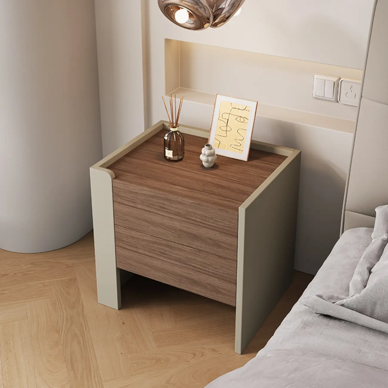 Modern Brown Grey Pine Wood 2-Drawer Nightstand Image - 4 | homeyfad