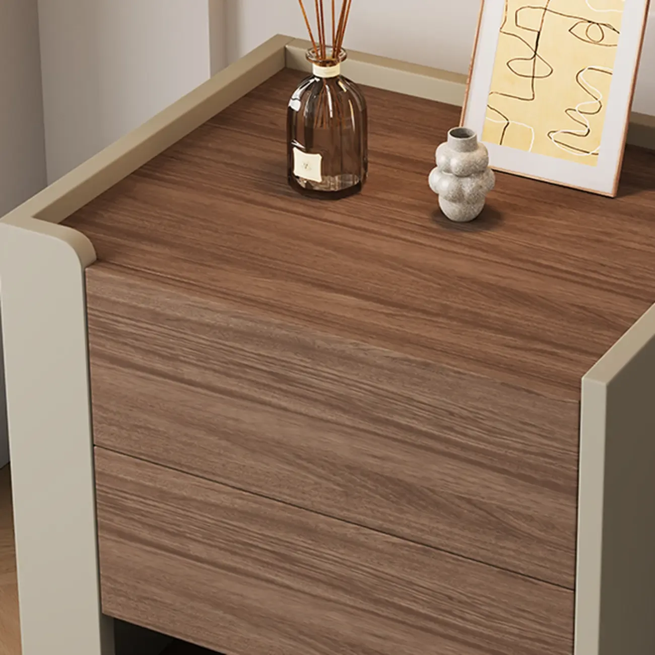 Modern Brown Grey Pine Wood 2-Drawer Nightstand Image - 5