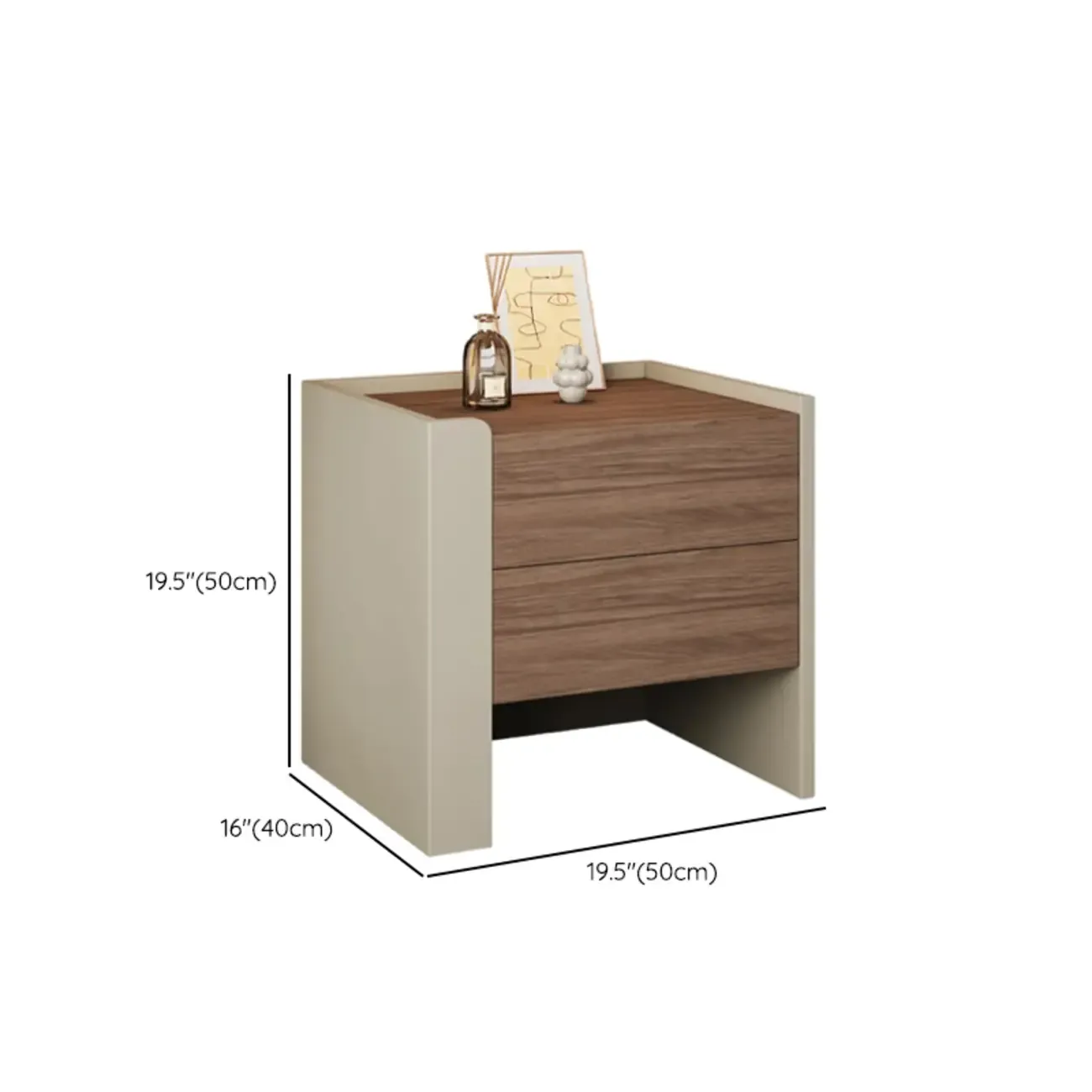 Modern Brown Grey Pine Wood 2-Drawer Nightstand #size