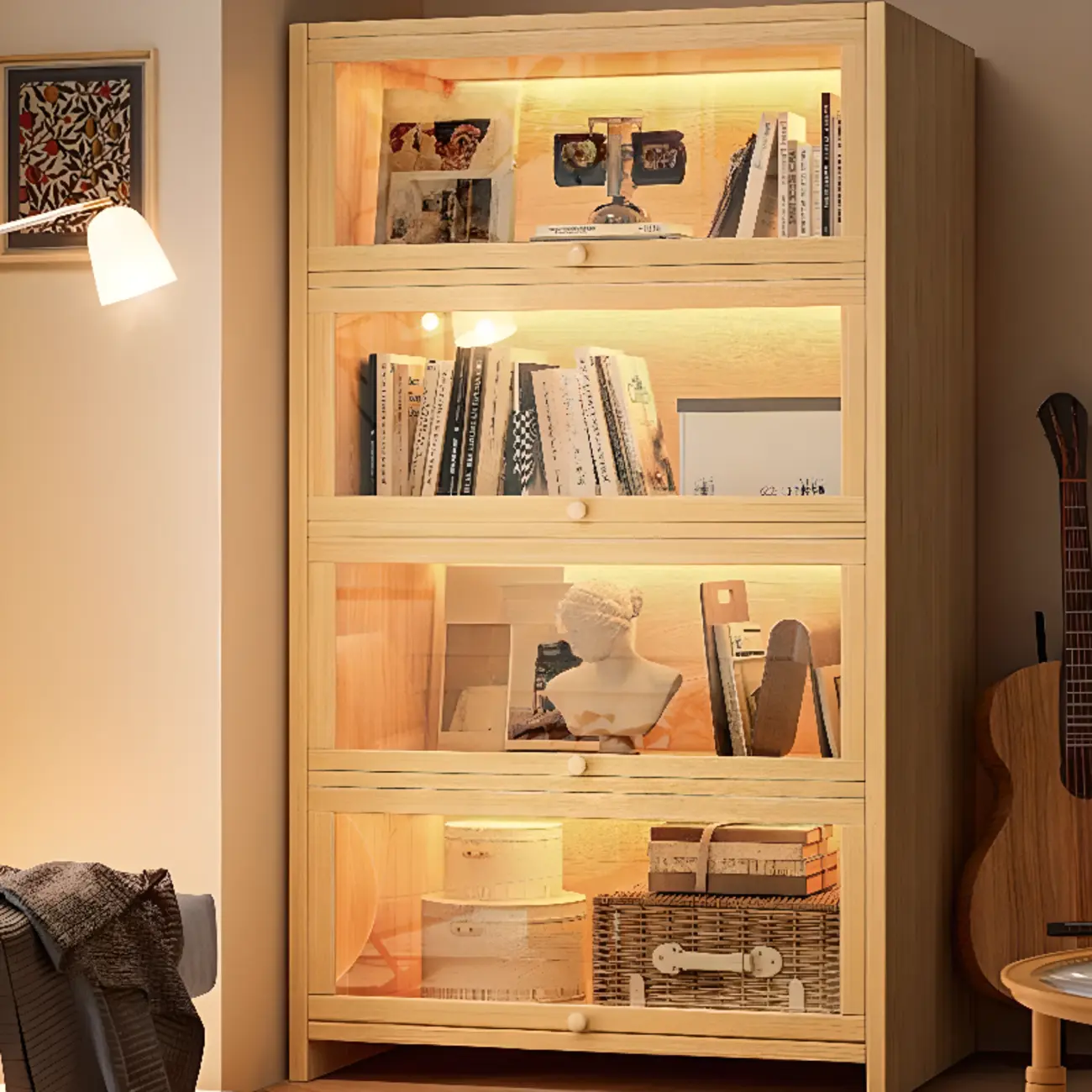 Scandinavian Natural 5-Tier Wood Bookcase with Flip-up Doors Image - 6 | homeyfad