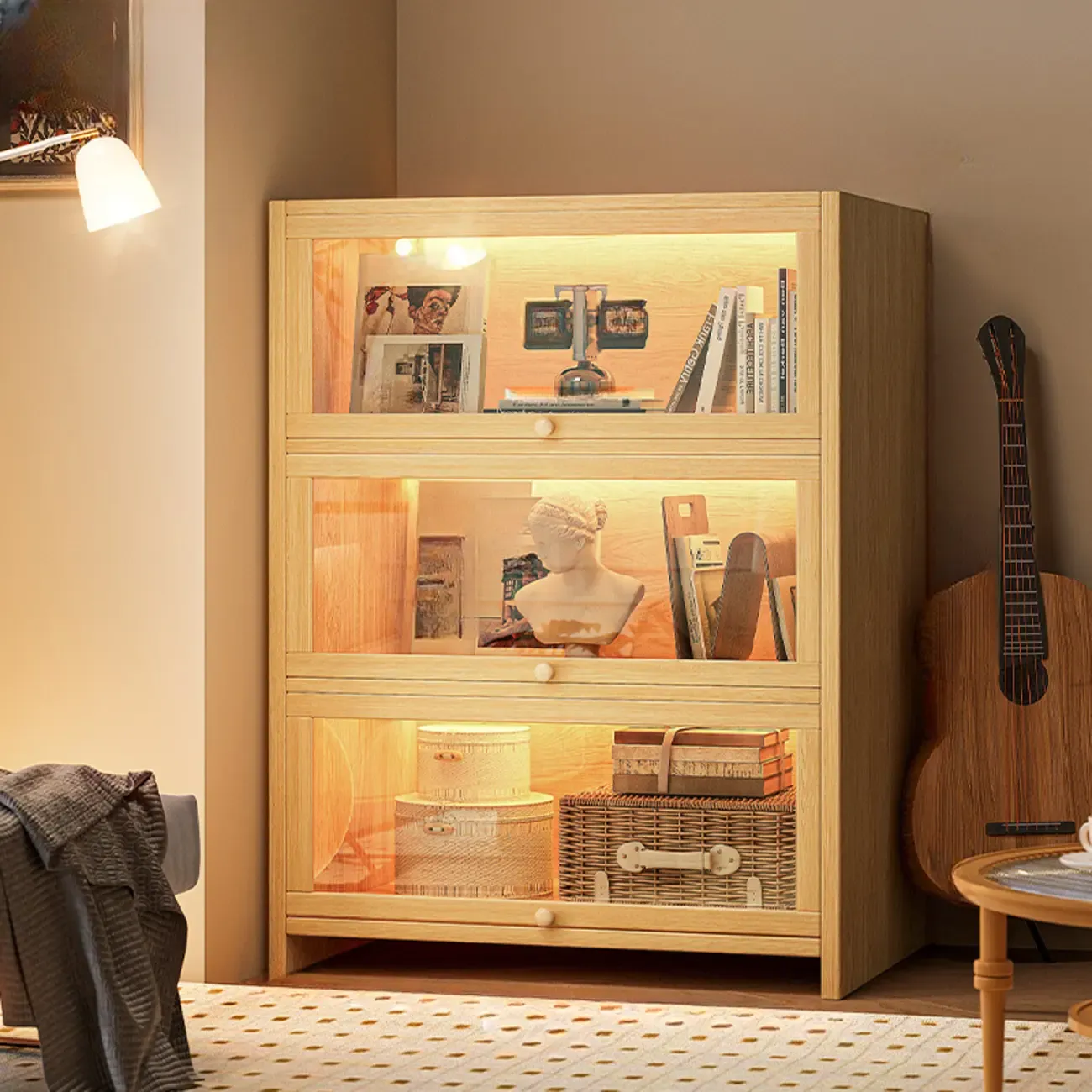 Scandinavian Natural 5-Tier Wood Bookcase with Flip-up Doors Image - 13