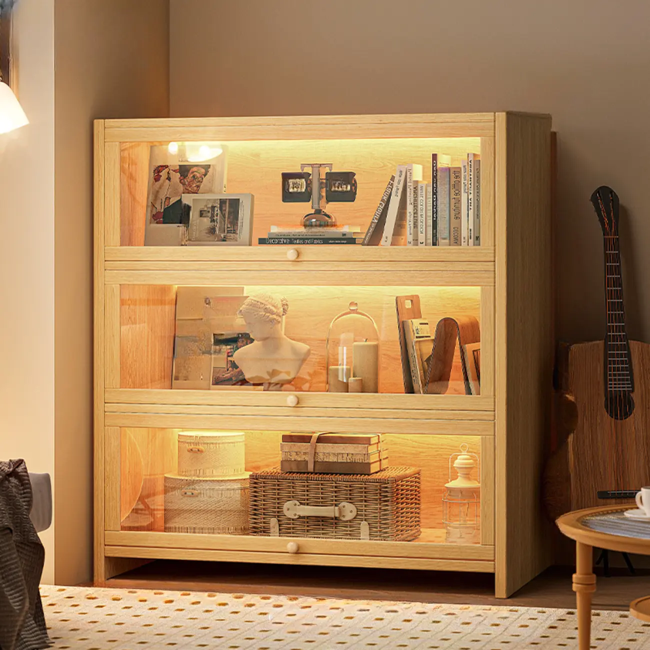 Scandinavian Natural 5-Tier Wood Bookcase with Flip-up Doors Image - 15 | homeyfad