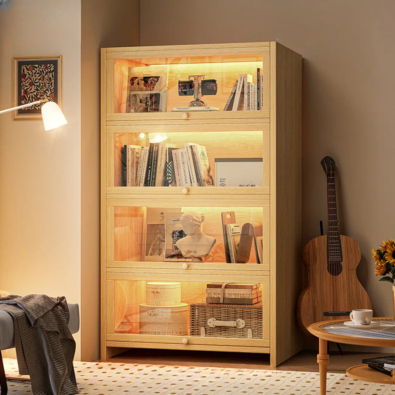 Scandinavian Natural 5-Tier Wood Bookcase with Flip-up Doors Image - 1 | homeyfad