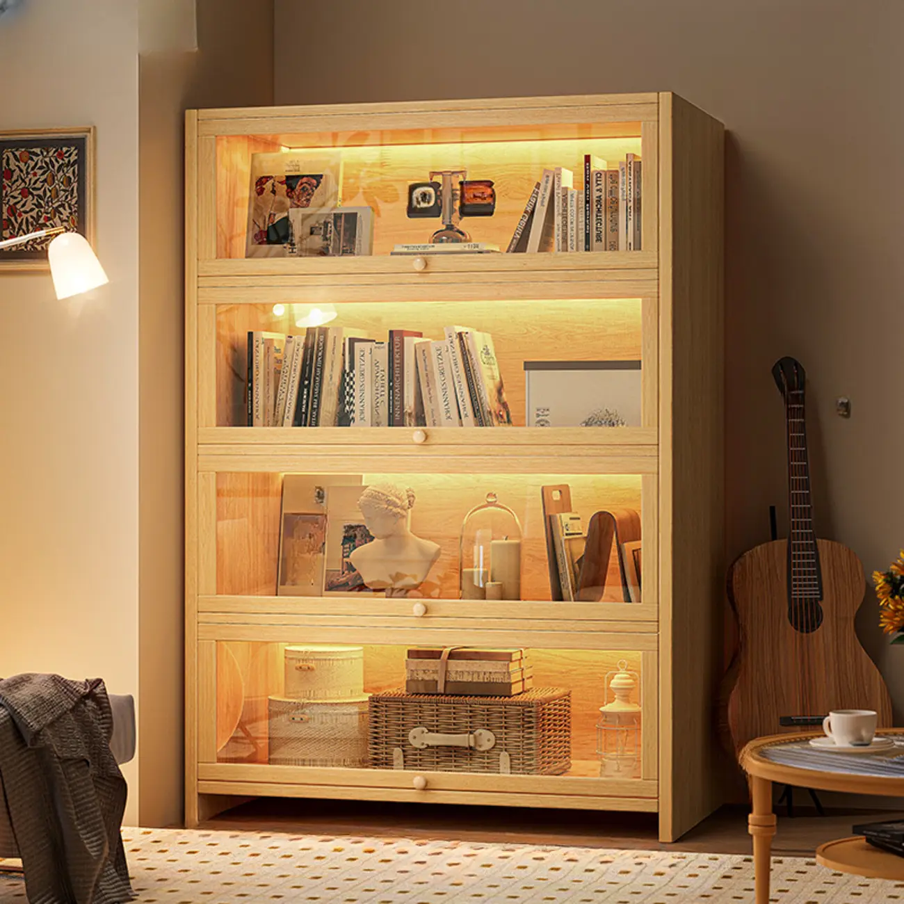 Scandinavian Natural 5-Tier Wood Bookcase with Flip-up Doors Image - 18 | homeyfad