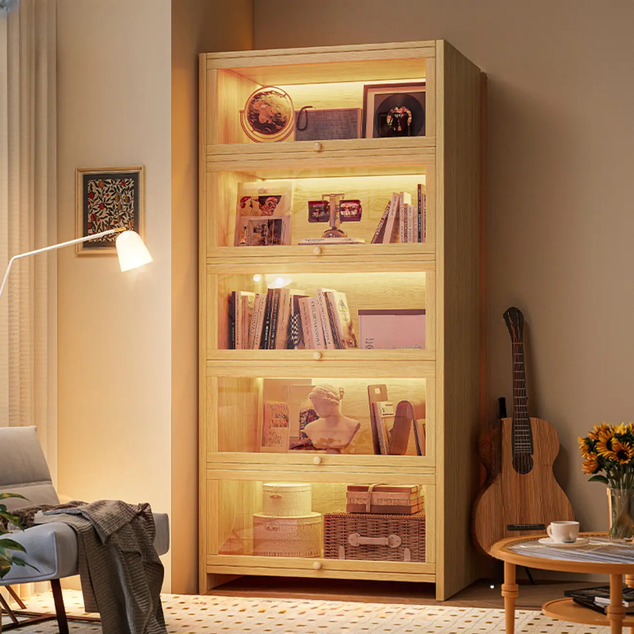 Scandinavian Natural 5-Tier Wood Bookcase with Flip-up Doors Image - 19 | homeyfad