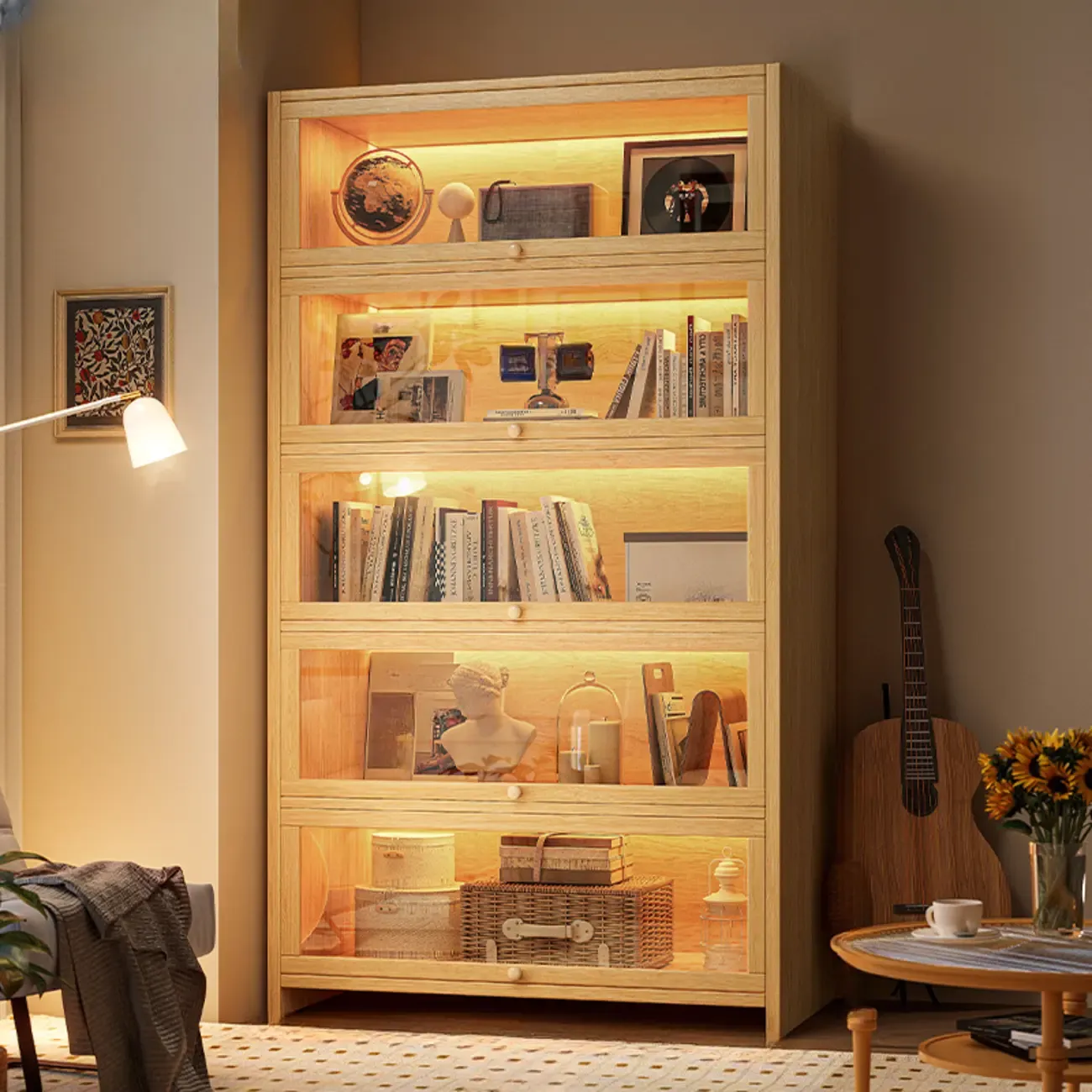 Scandinavian Natural 5-Tier Wood Bookcase with Flip-up Doors Image - 22