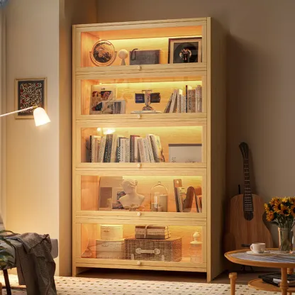 Scandinavian Natural 5-Tier Wood Bookcase with Flip-up Doors Image - 22