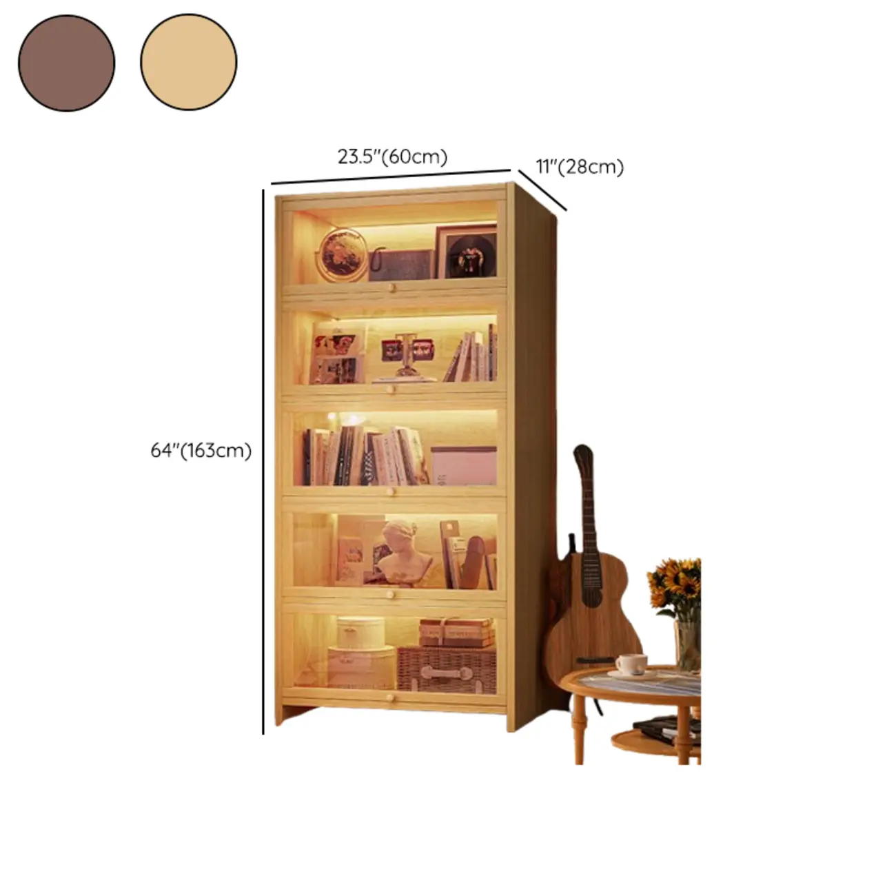 Scandinavian Natural 5-Tier Wood Bookcase with Flip-up Doors Image - 27 | homeyfad