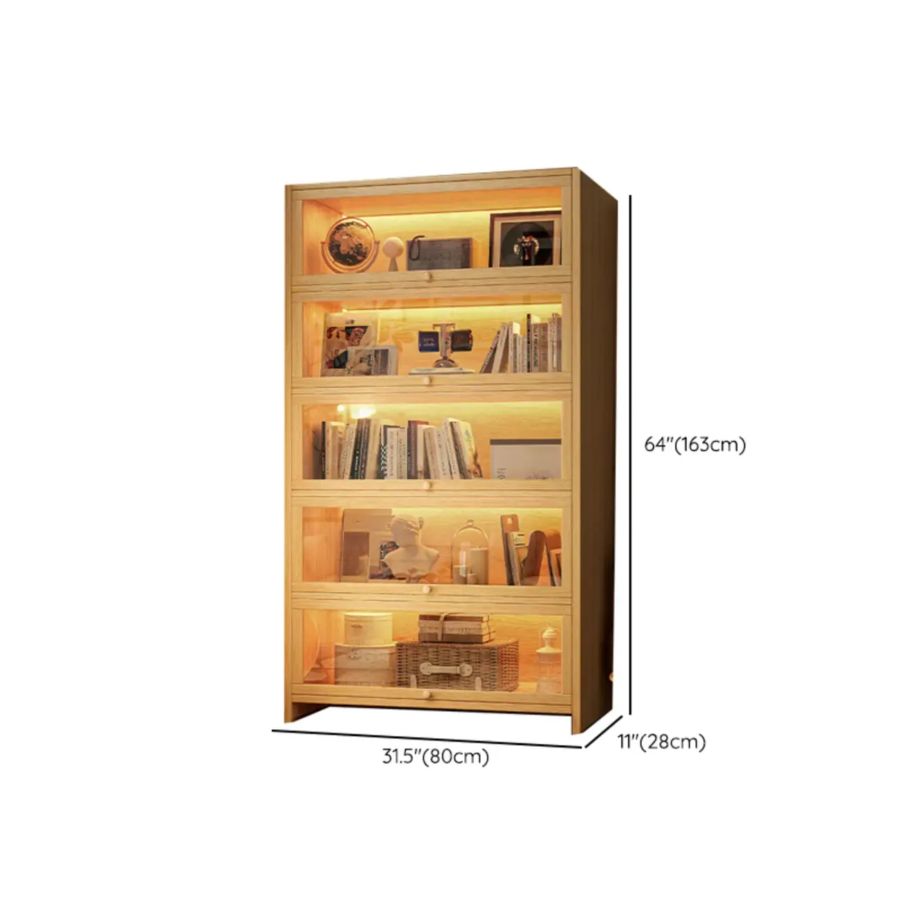 Scandinavian Natural 5-Tier Wood Bookcase with Flip-up Doors Image - 28