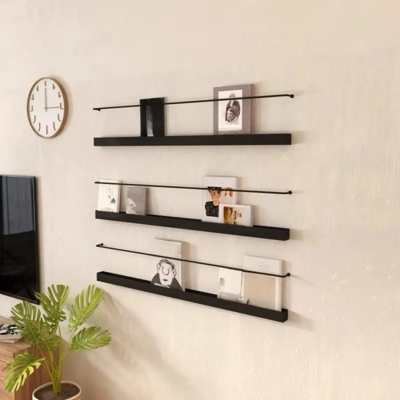 Simple Black Metal Wall-Mounted Bookshelf Set Image - 3