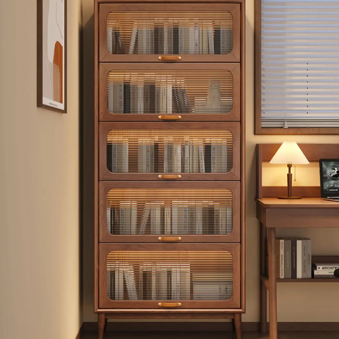 Solid Wood Nut-Brown 5-Tier Glass Door Bookcase with Cabinet Image - 1