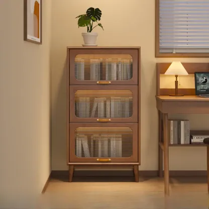 Solid Wood Nut-Brown 5-Tier Glass Door Bookcase with Cabinet Image - 2