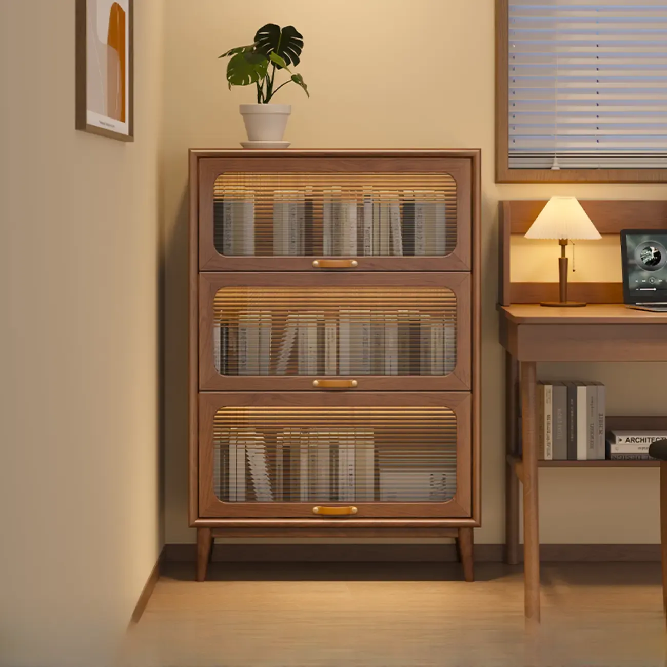 Solid Wood Nut-Brown 5-Tier Glass Door Bookcase with Cabinet Image - 4