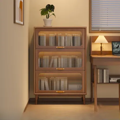 Solid Wood Nut-Brown 5-Tier Glass Door Bookcase with Cabinet Image - 4