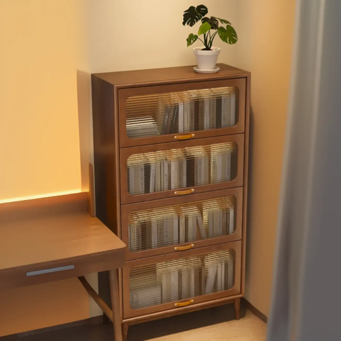 Solid Wood Nut-Brown 5-Tier Glass Door Bookcase with Cabinet Image - 5