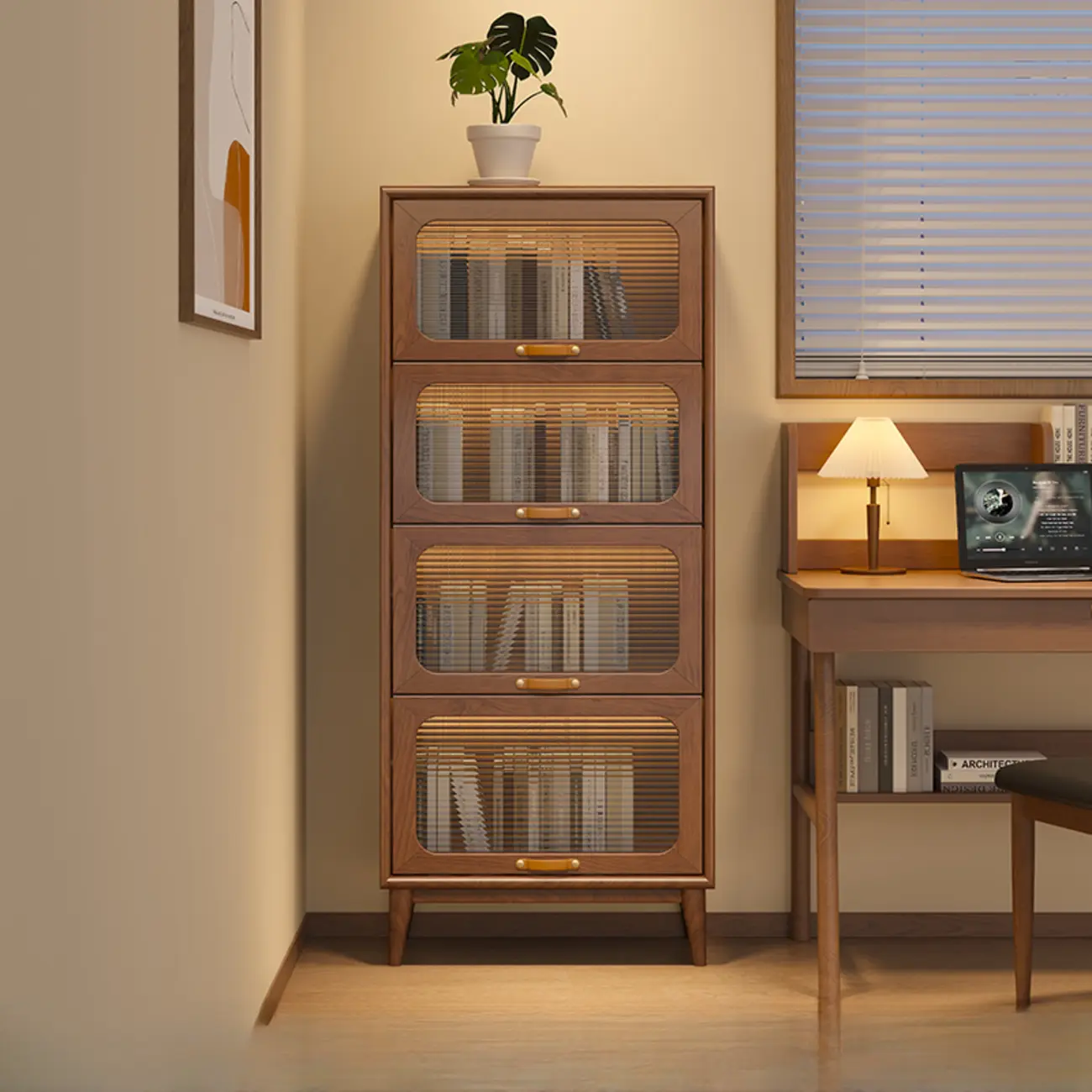 Solid Wood Nut-Brown 5-Tier Glass Door Bookcase with Cabinet Image - 6 | homeyfad