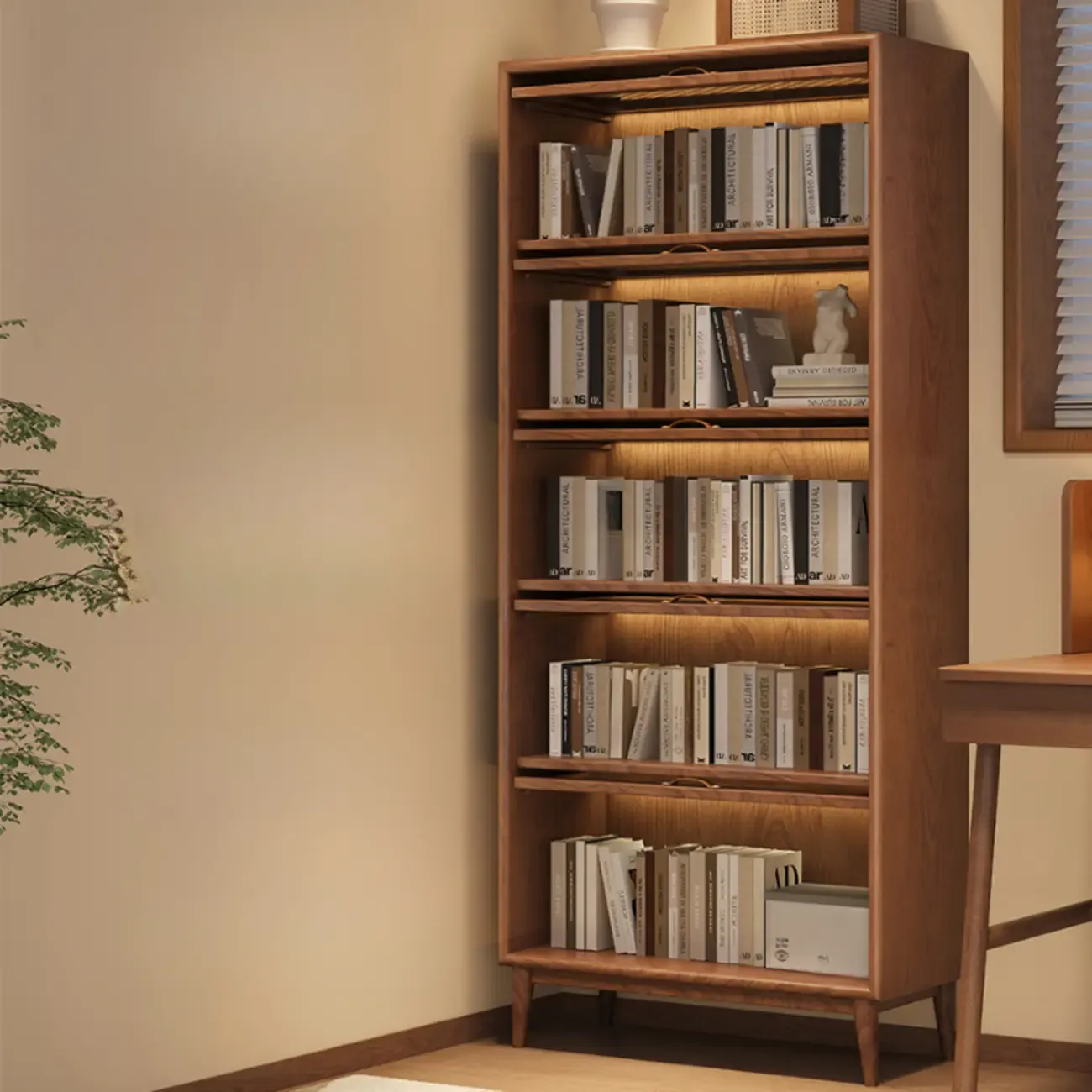 Solid Wood Nut-Brown 5-Tier Glass Door Bookcase with Cabinet Image - 3