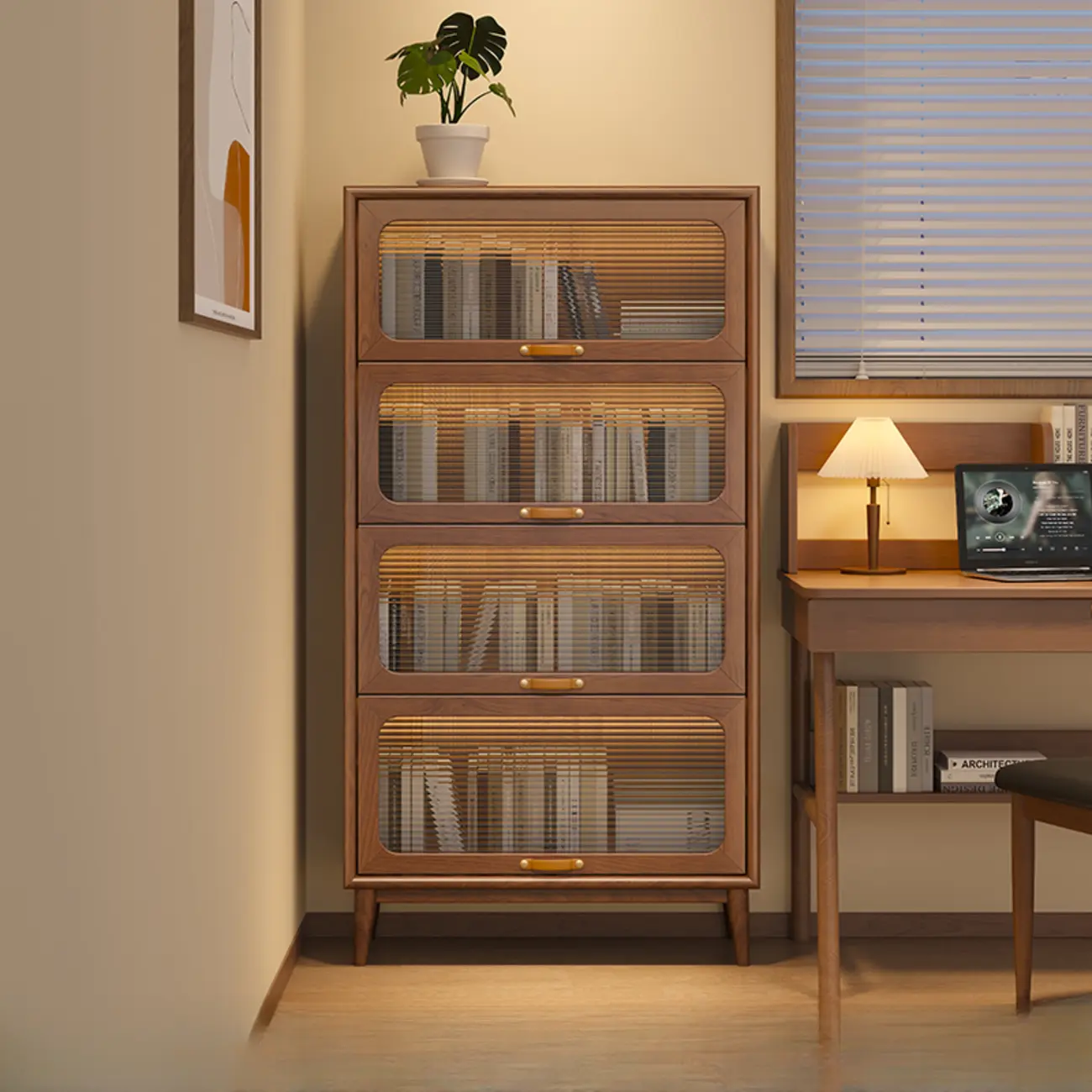 Solid Wood Nut-Brown 5-Tier Glass Door Bookcase with Cabinet Image - 7 | homeyfad