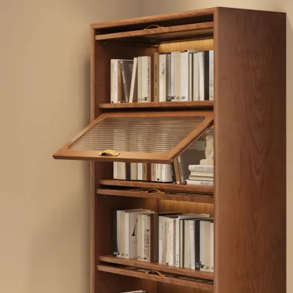 Solid Wood Nut-Brown 5-Tier Glass Door Bookcase with Cabinet Image - 8