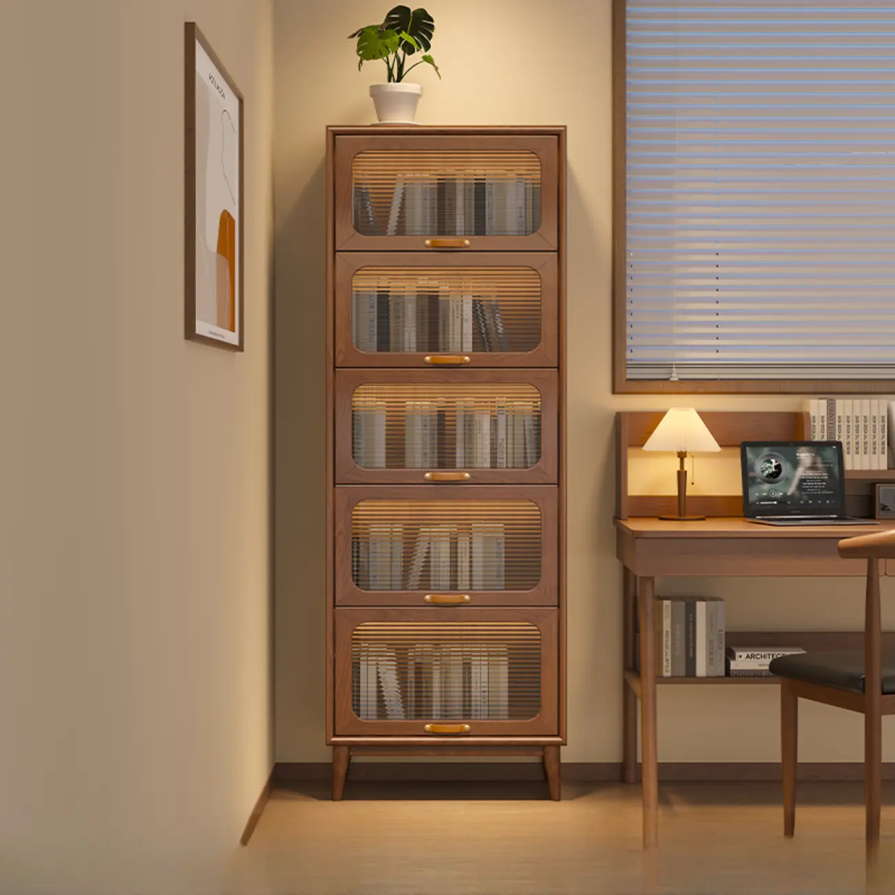 Solid Wood Nut-Brown 5-Tier Glass Door Bookcase with Cabinet Image - 10 | homeyfad