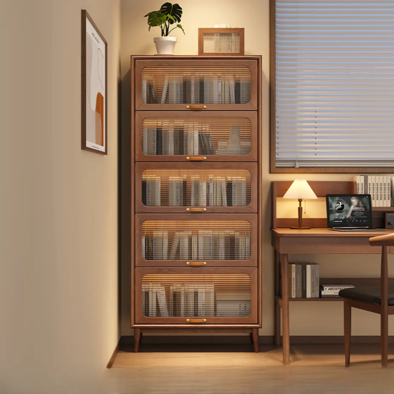 Solid Wood Nut-Brown 5-Tier Glass Door Bookcase with Cabinet Image - 11 | homeyfad