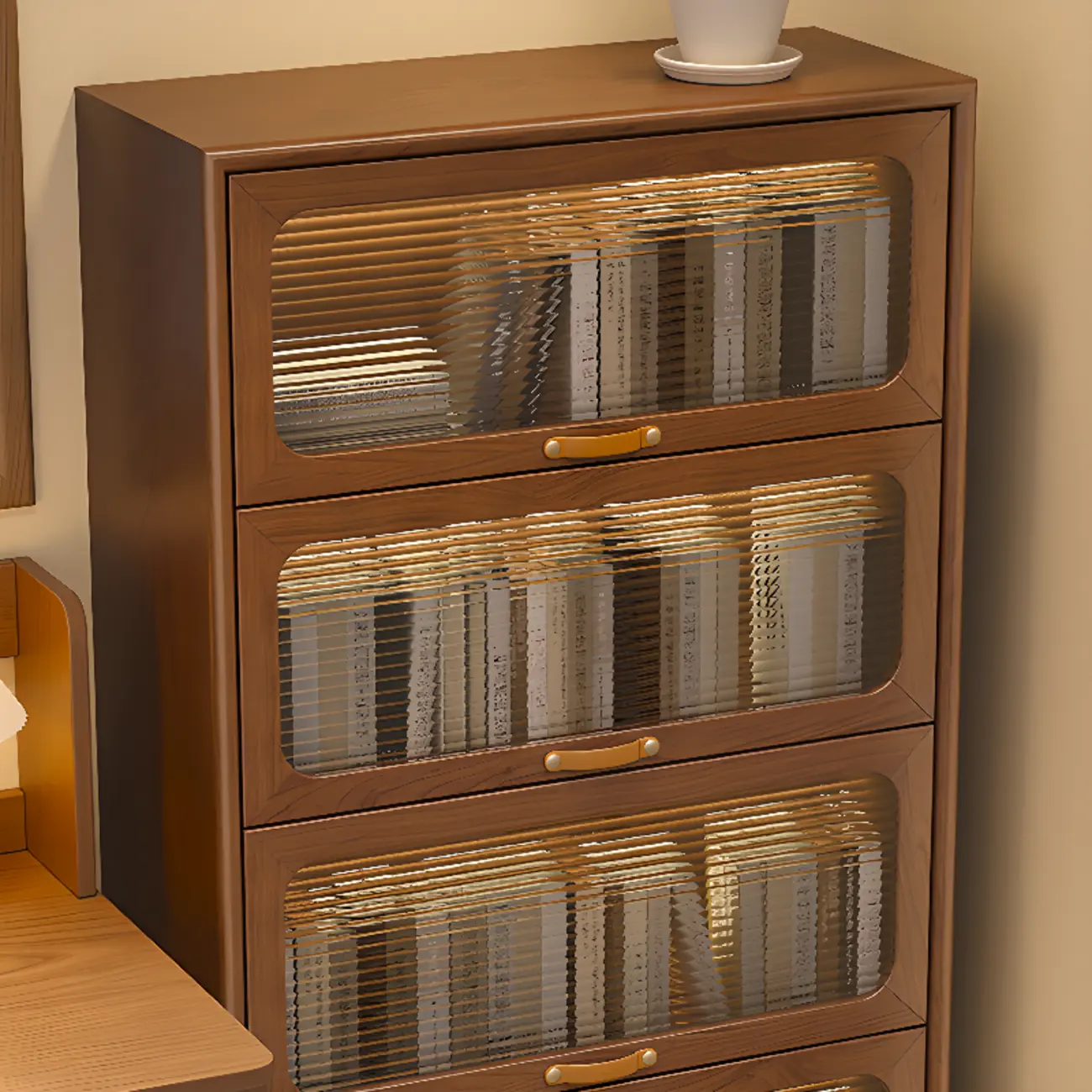 Solid Wood Nut-Brown 5-Tier Glass Door Bookcase with Cabinet Image - 12 | homeyfad