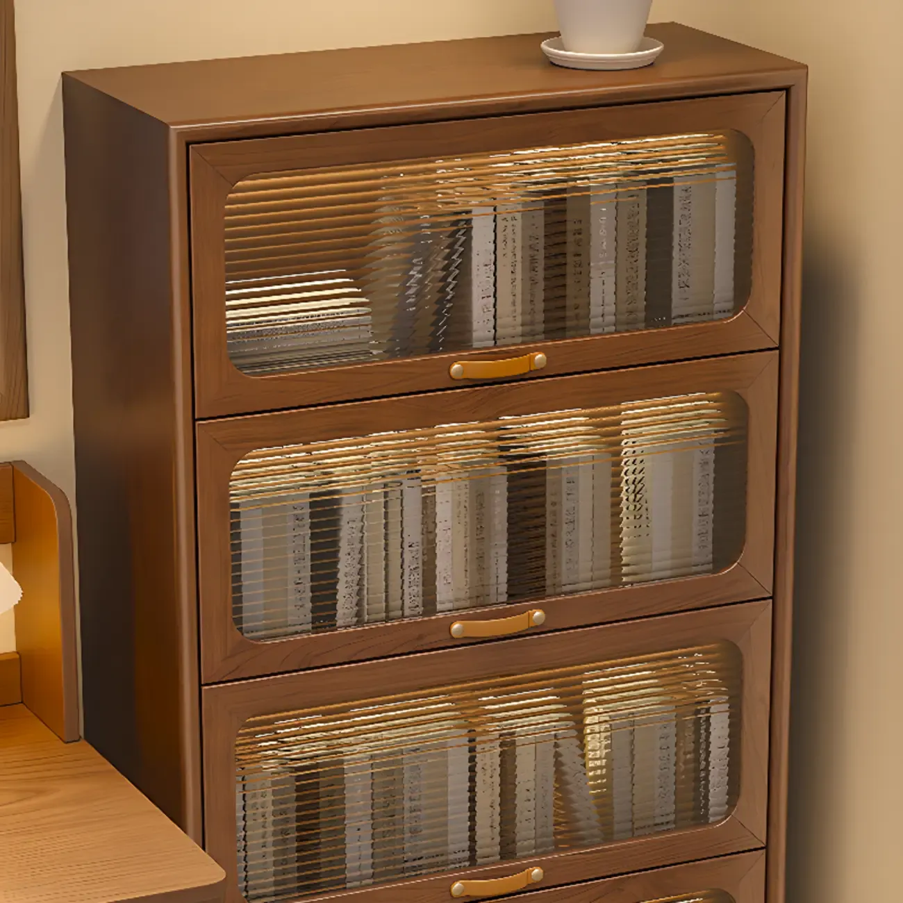 Solid Wood Nut-Brown 5-Tier Glass Door Bookcase with Cabinet Image - 12