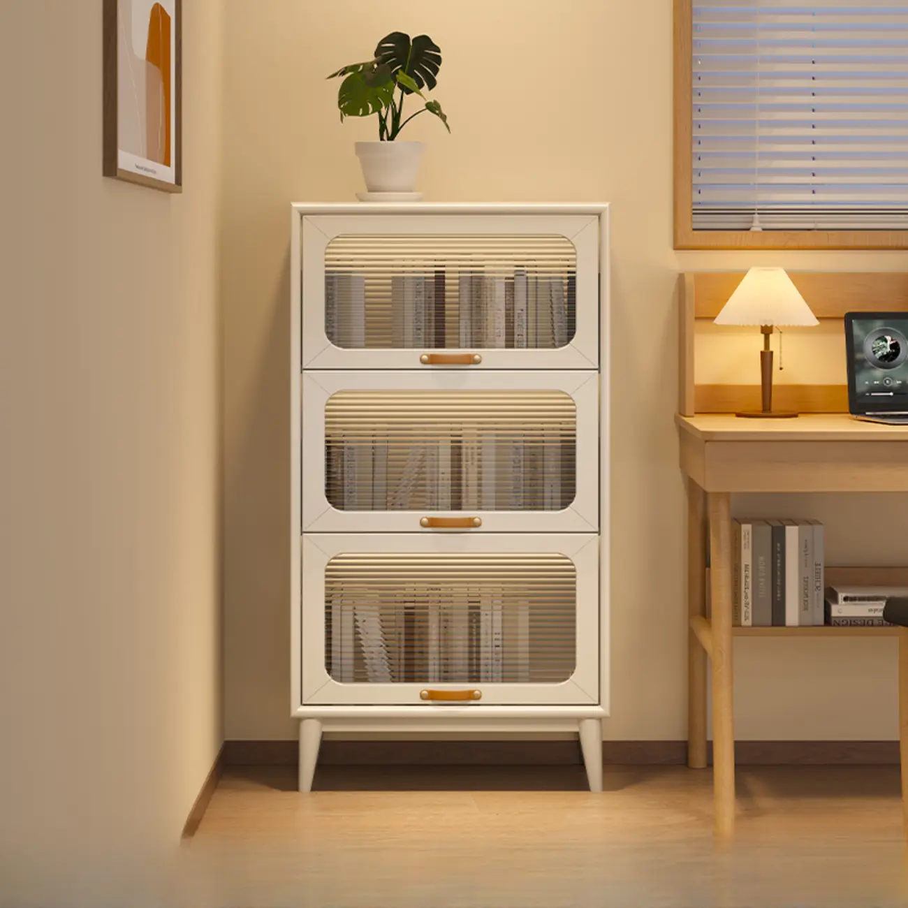 Solid Wood Nut-Brown 5-Tier Glass Door Bookcase with Cabinet Image - 13 | homeyfad