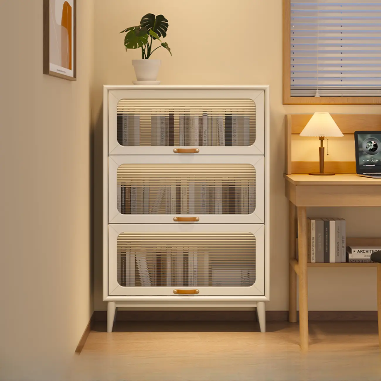 Solid Wood Nut-Brown 5-Tier Glass Door Bookcase with Cabinet Image - 15 | homeyfad