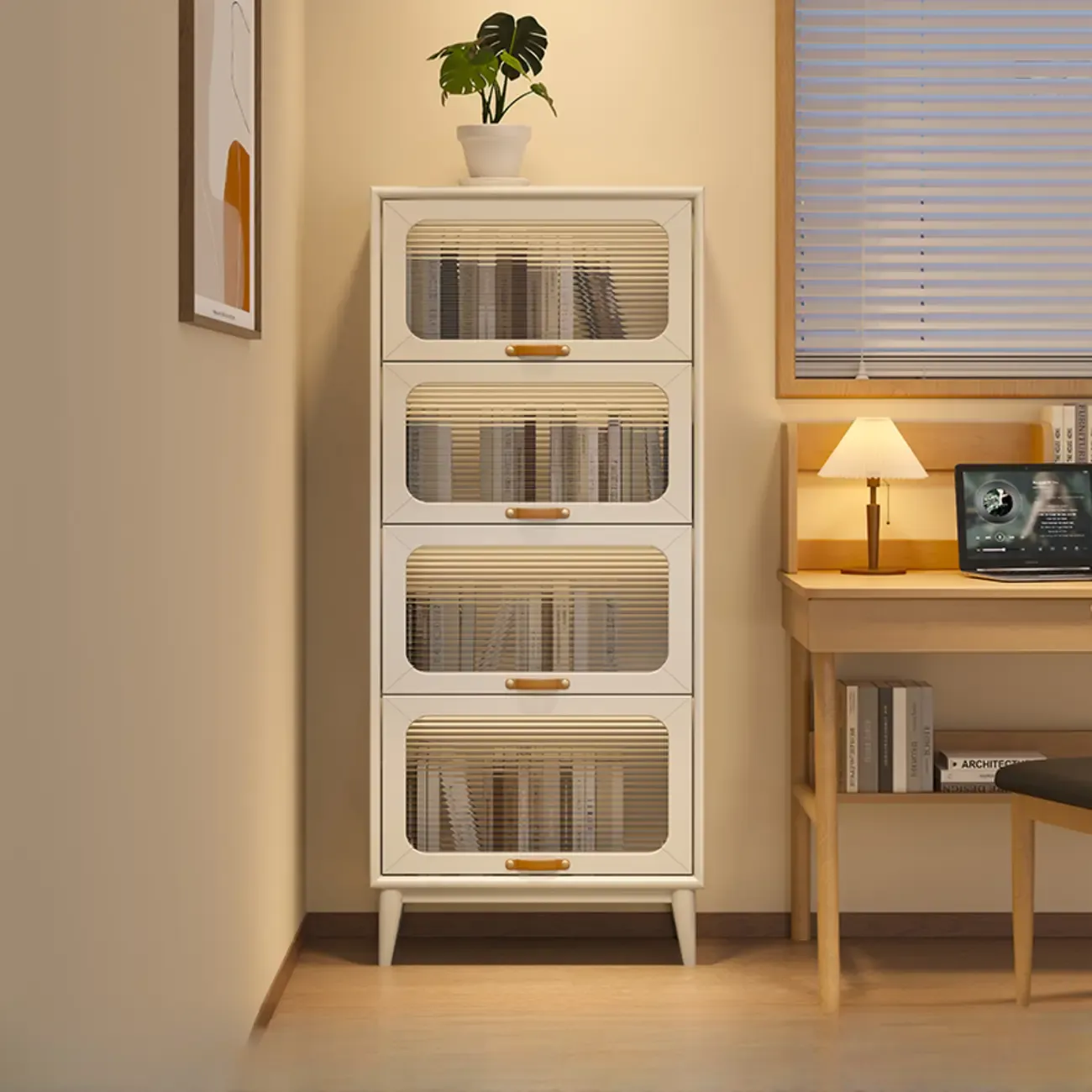 Solid Wood Nut-Brown 5-Tier Glass Door Bookcase with Cabinet Image - 18