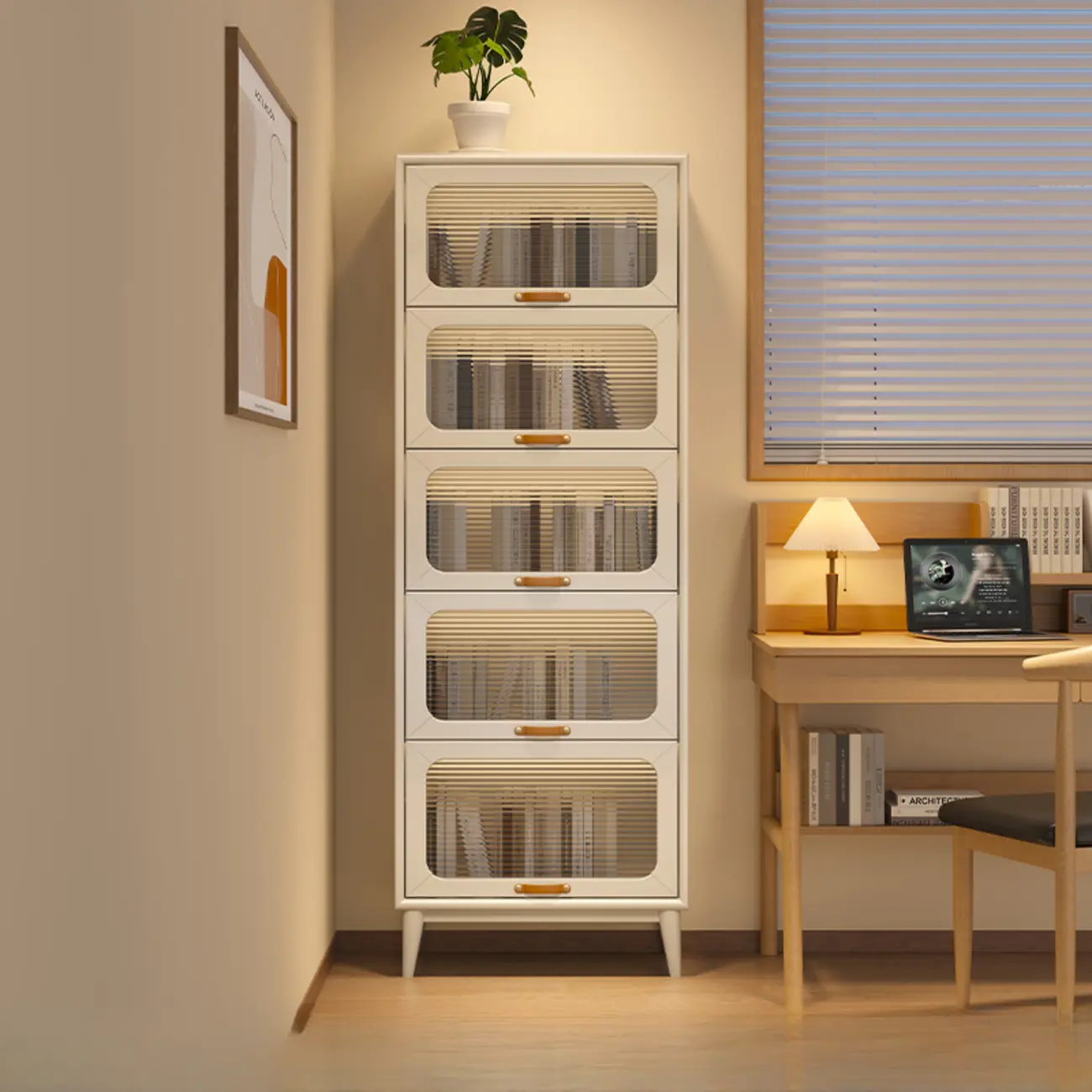 Solid Wood Nut-Brown 5-Tier Glass Door Bookcase with Cabinet Image - 20 | homeyfad