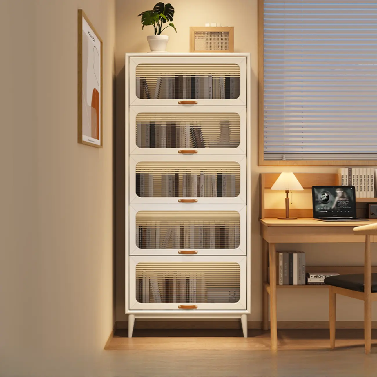 Solid Wood Nut-Brown 5-Tier Glass Door Bookcase with Cabinet Image - 21 | homeyfad