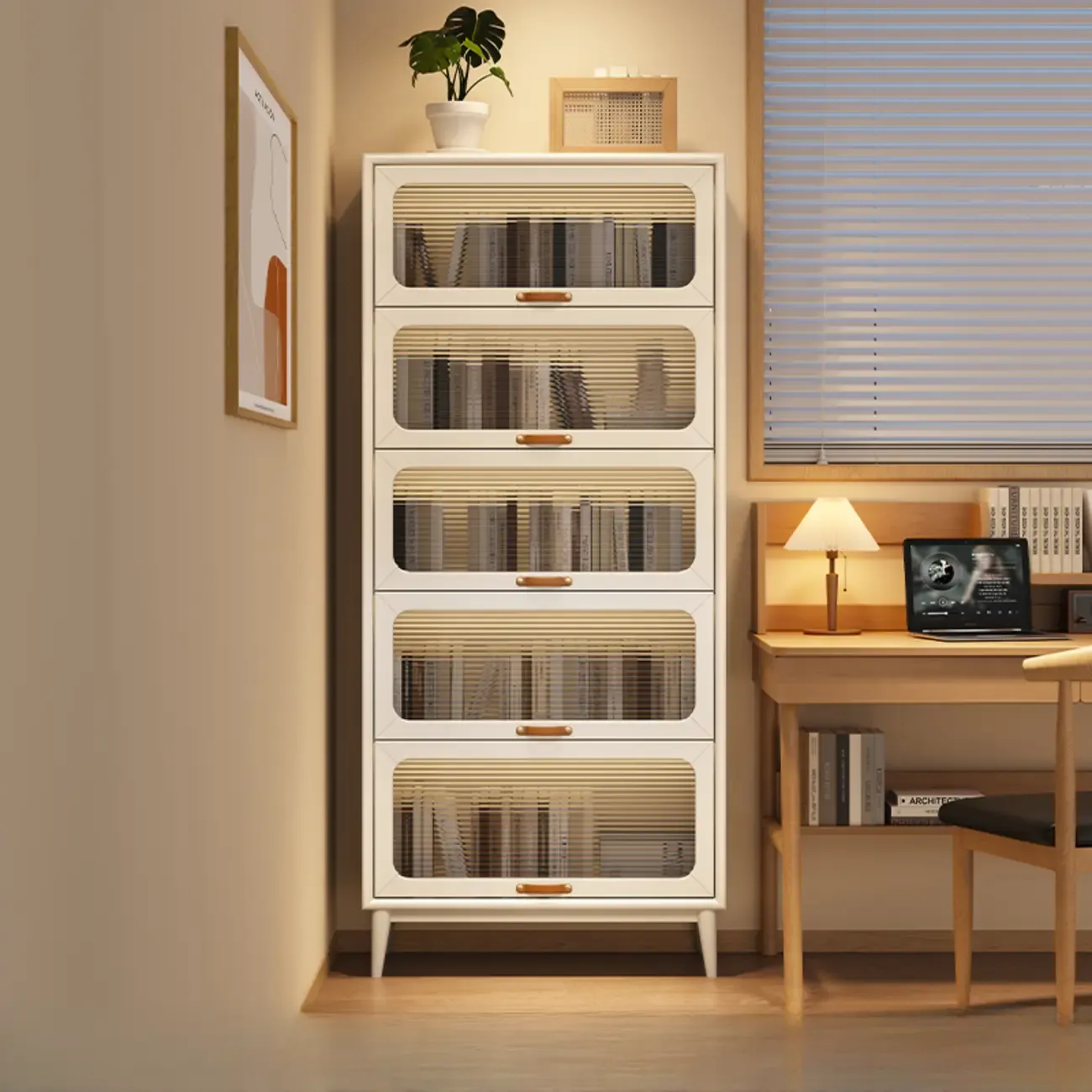 Solid Wood Nut-Brown 5-Tier Glass Door Bookcase with Cabinet Image - 21