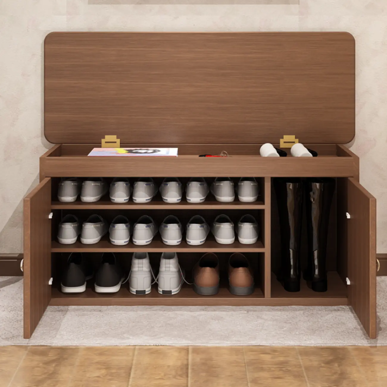 Leather Cushion Wooden Flip Top Storage Entryway Bench Image - 2 | homeyfad