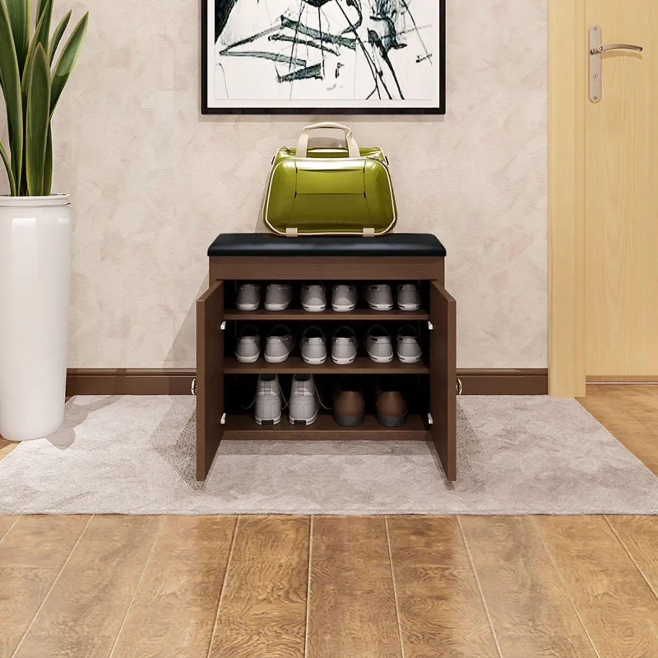 Leather Cushion Wooden Flip Top Storage Entryway Bench Image - 4